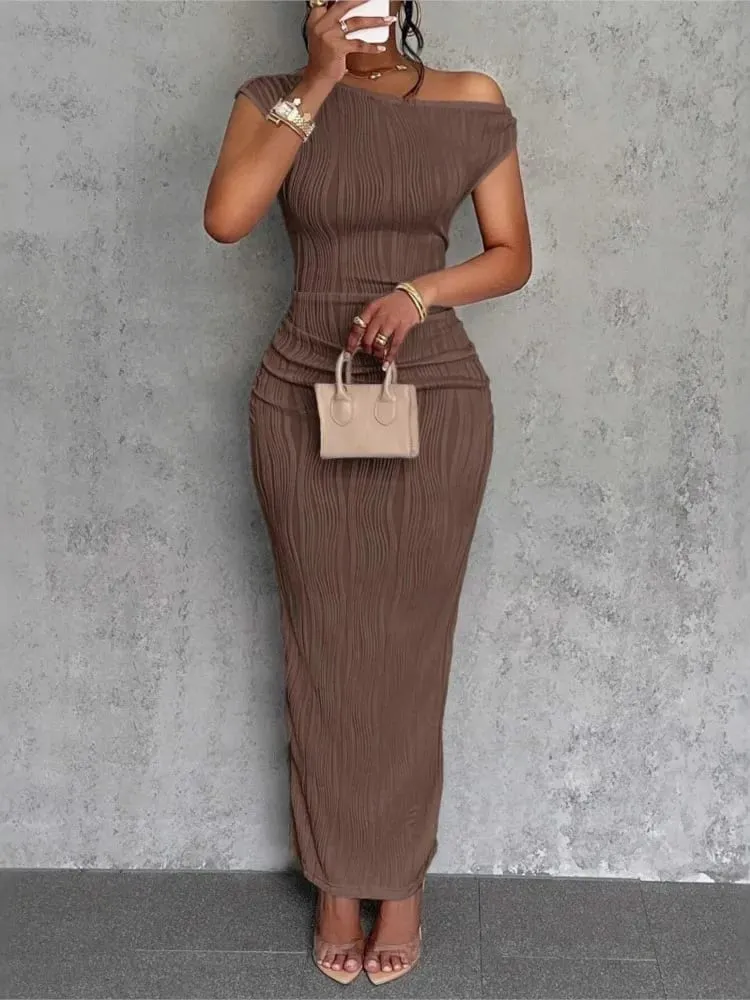 Fashion Water Ripple Slanted Shoulder Dress Pambabaeng Elegant At Simple Solid Color A-line Collar Mid-waist Sexy Hip Wrap Skirt