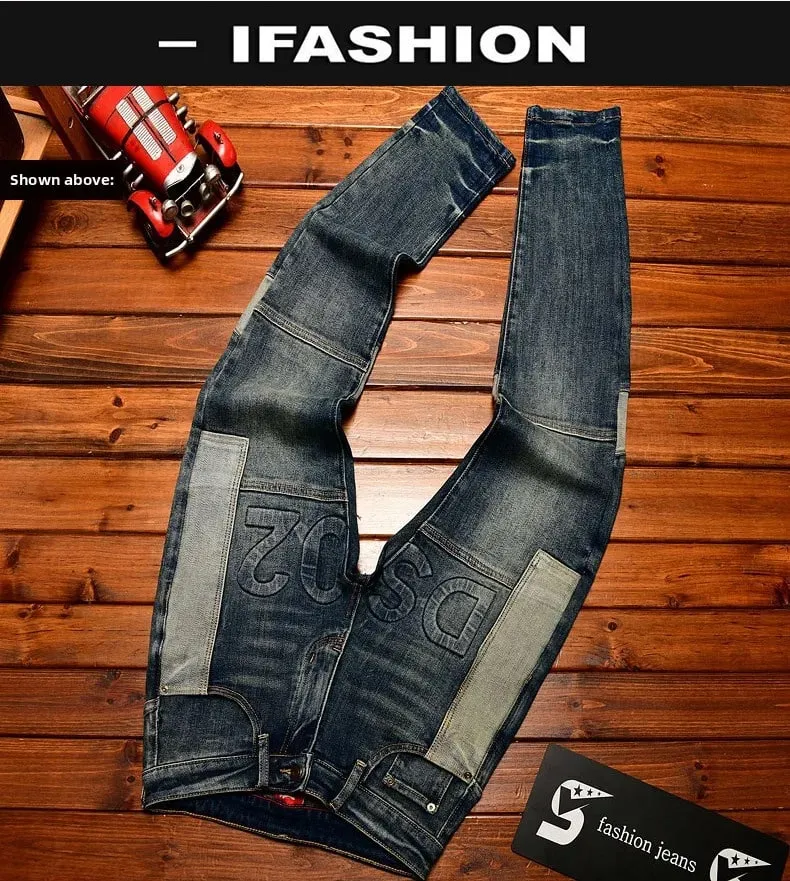 Fashionable high-end jeans for men slim fit small feet washed retro patchwork design trendy and luxurious men's pants — image 8