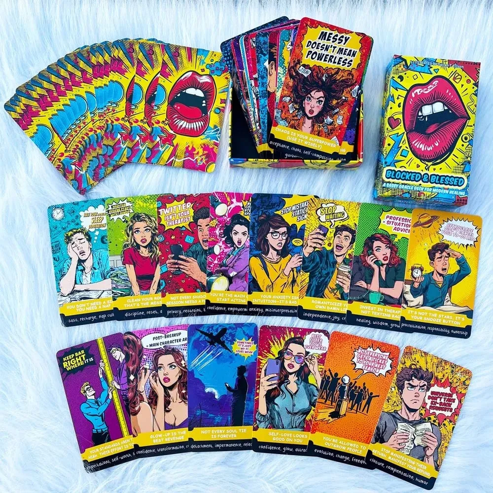 Baraja de 54 cartas de 13x8cm, tamaño BLOQUEADO y BENDITO, una baraja de oráculo atrevida para juegos de cartas curativos modernos