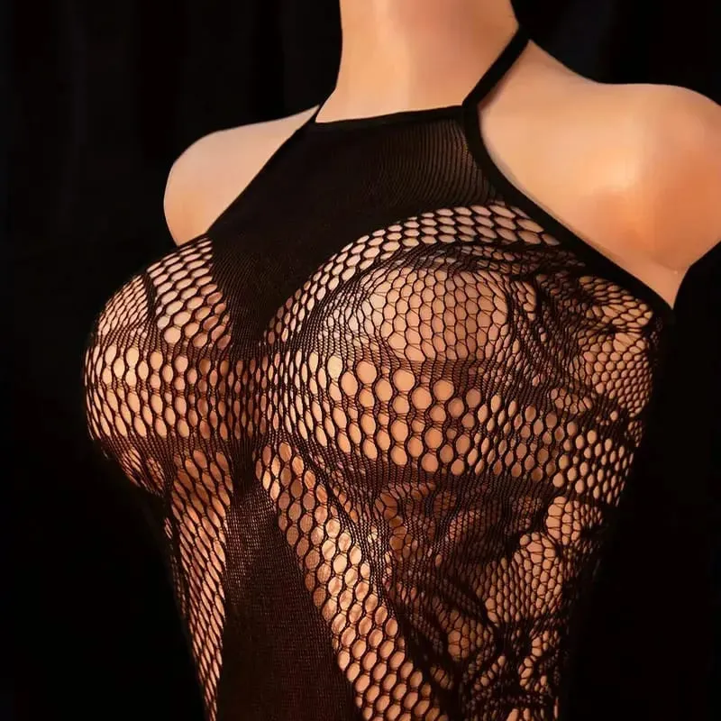 Women's Black Lace Fishnet Halter Neck One-Piece Bodystocking Wireless Unlined Stretch Mesh Lingerie One Size 8 Styles — image 4