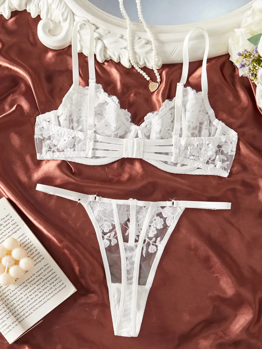 French White Embroidered Lace Underwear Set Elegant Feminine Design Bra And Panties Combo for Women — image 4