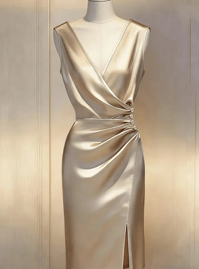 Women'S New V-Neck Short Sleeve Pleated Waist Button-Decorated Side Slit Fitted Dress Satin Dress Elegant Women'S Dress Champagn — image 4