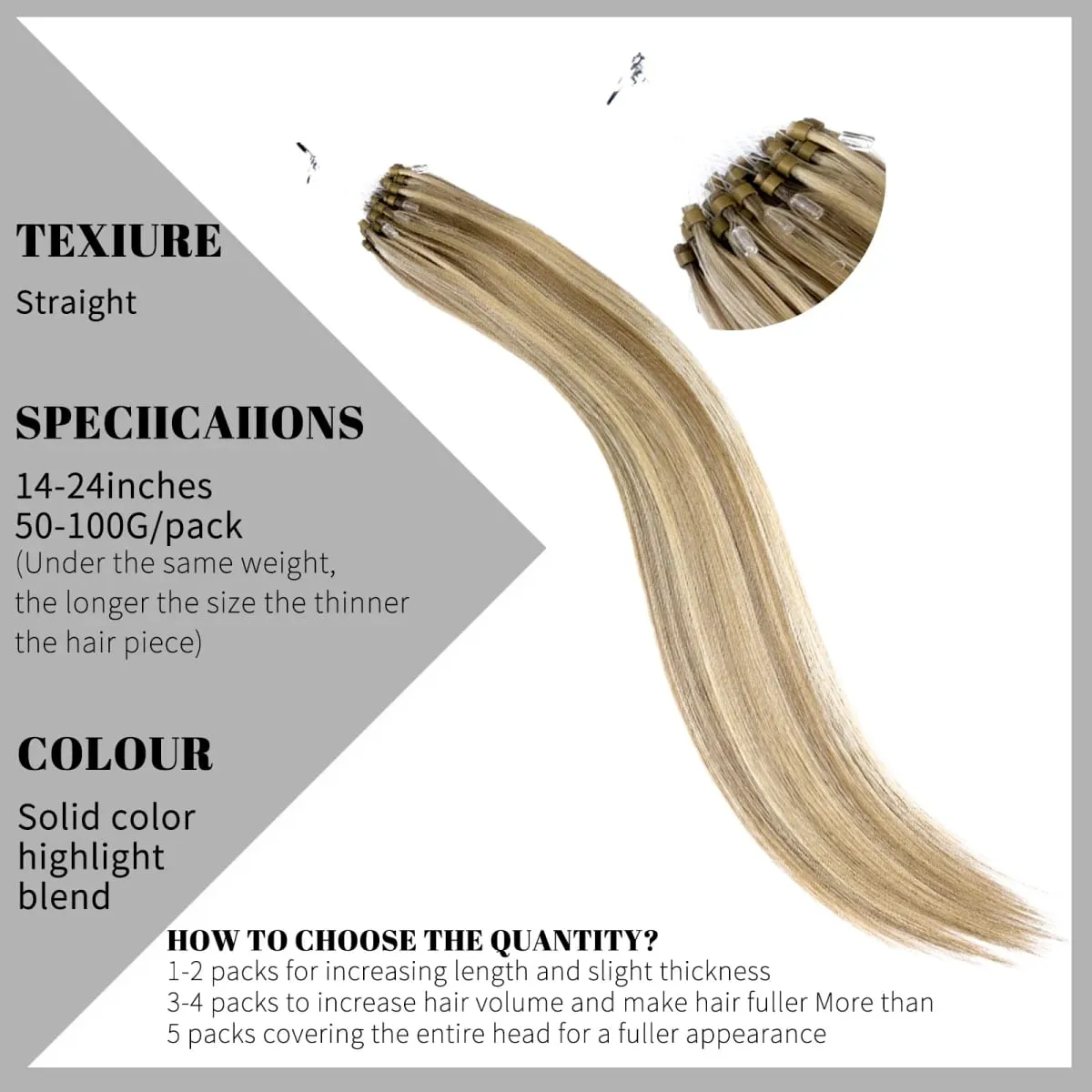 Remy Human Hair Extensions 14-24 Inch Micro Loop Ring Attachment Micro Bead Natural Looking DIY Hair Extension