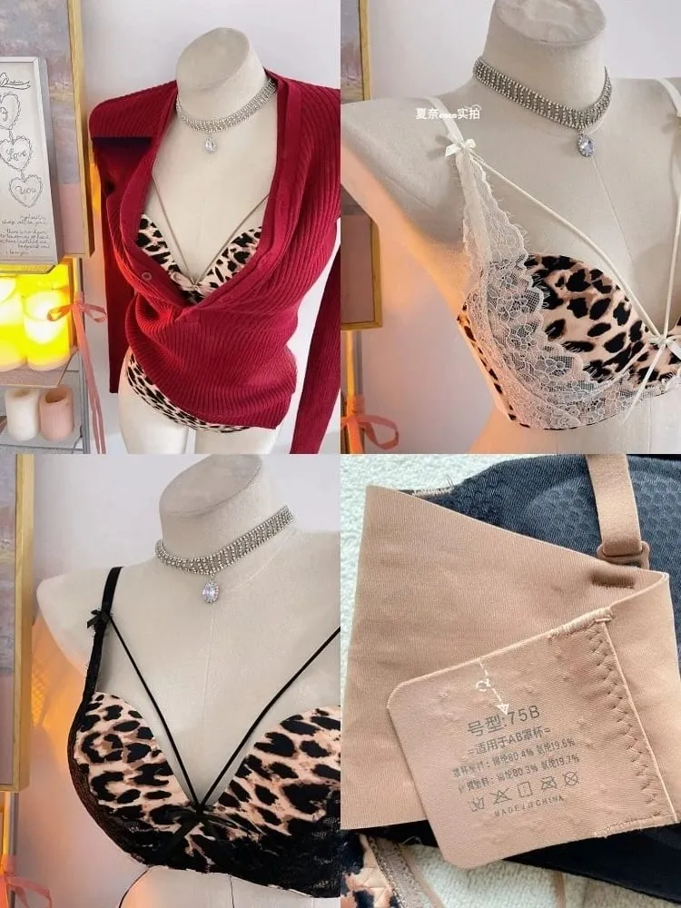 New Sexy Leopard Print Deep V Push Up Bra Lingerie Set for Women Small Bust Push Up Effect Anti Ptosis Daily Wear 32-38 Bra Set — image 5