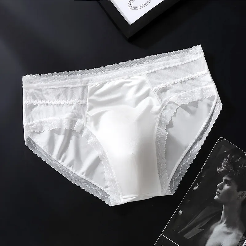 Men's Sexy Lace Thin Briefs Seamless Underware Ice Silk Brief 3D Bulge Pouch Panties Sleep Bottoms Breathable Male Underpants