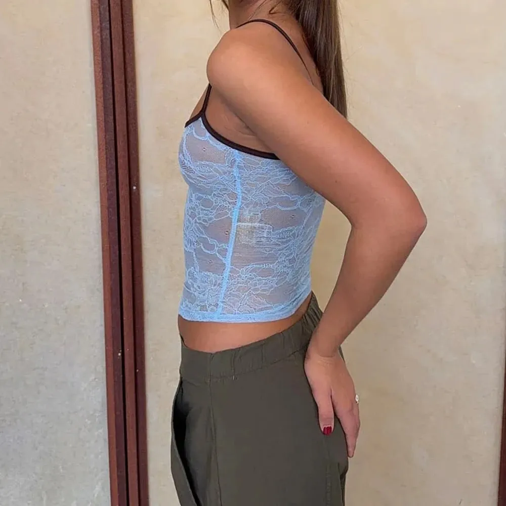 Women Fairycore Grunge Lace Tanks Tops Spaghetti Strap See Through Camisole Backless Slim Fit Crop Camis Sexy Going Out Tops — image 5