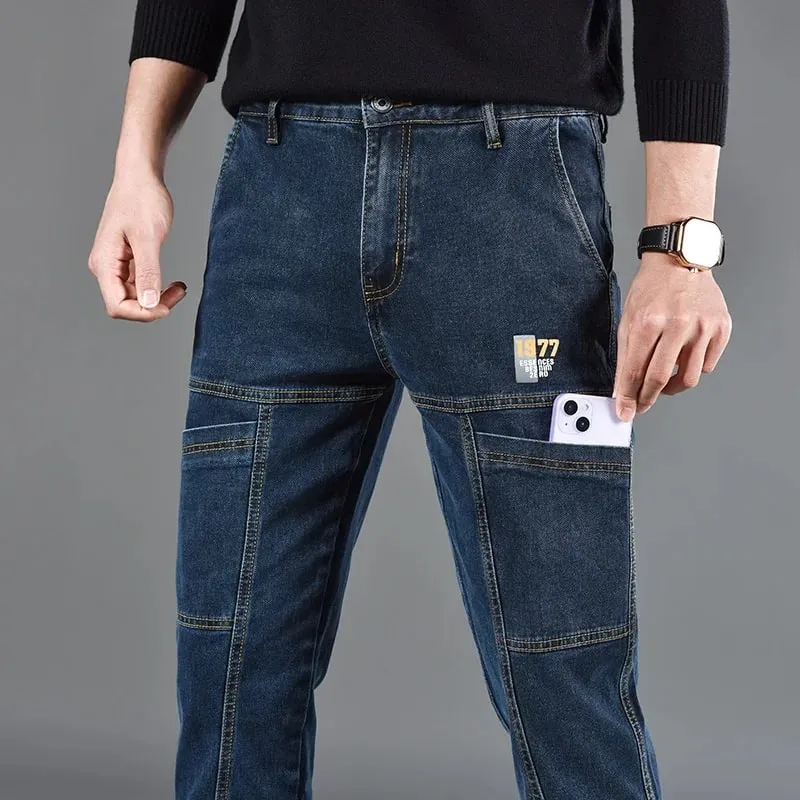 2026 New Style Jeans Men's Slim Fit Korean Style Comfortable Straight Leg Elastic Gray Mid Waist Pants Men's Casual Denim Pants