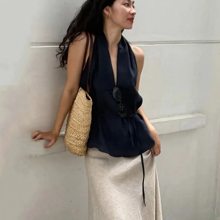 Linad Street Chic Navy Halter Tank Top For Women Fashion Deep V Neck Lace Up Vest Female Spring Casual Sleeveless Tops 2026 — image 2