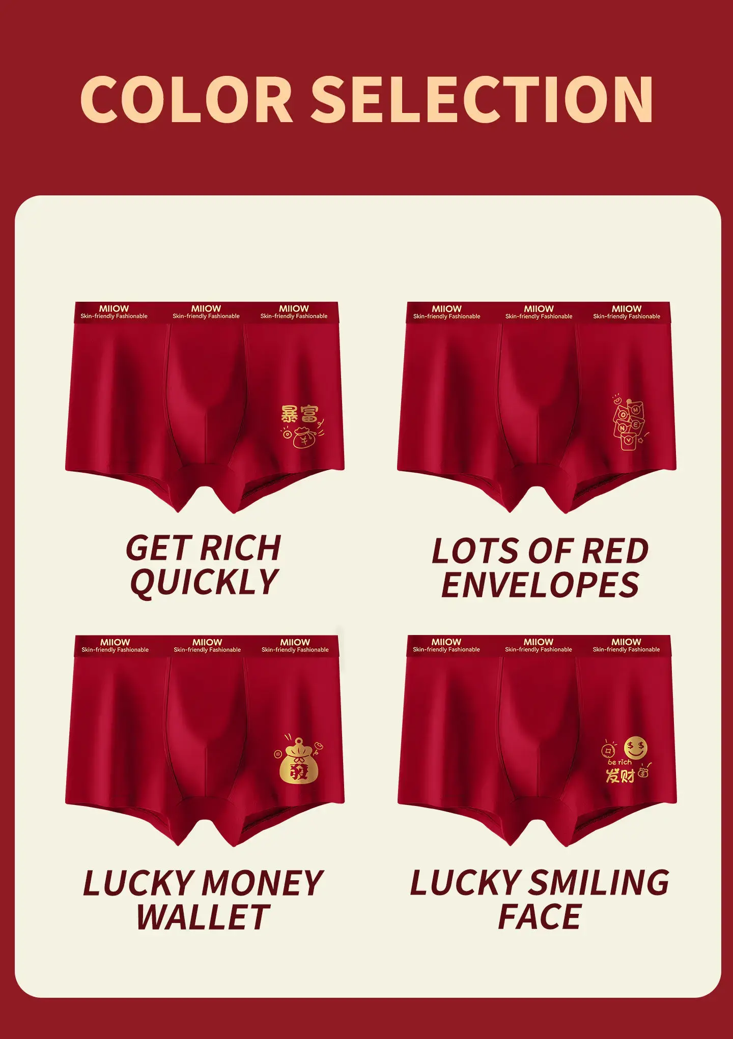 MiiOW 3Pcs Cotton Men Underwear 10A Antibacterial Crotch Men's Panties Breathable Skin-friendly Man Boxers Lucky Red Underpants
