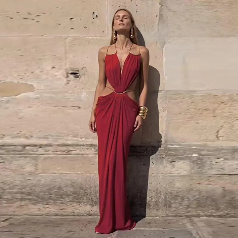Sexy Backless Party Women's Dress Sleeveless V-neck Slim Maxi Female Vestidos 2026 Fashion Pleated Hollow Out Evening Lady Robe — image 5