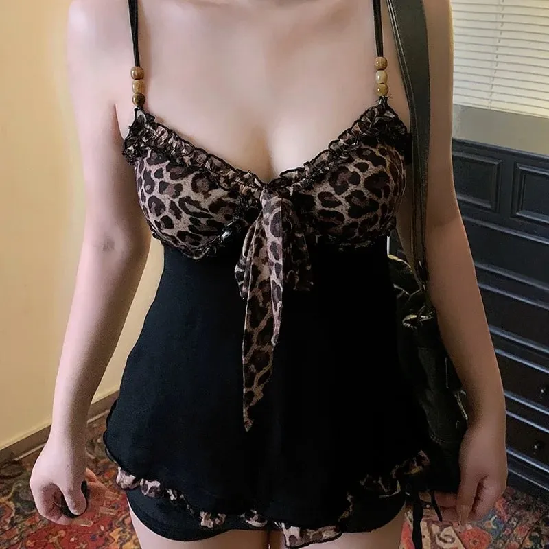American Vintage Sexy Leopard Vest Y2k Harajuku Slim Lace Patchwork Summer New Streetwear Beach Party Sleeveless Women's Tanks — image 3