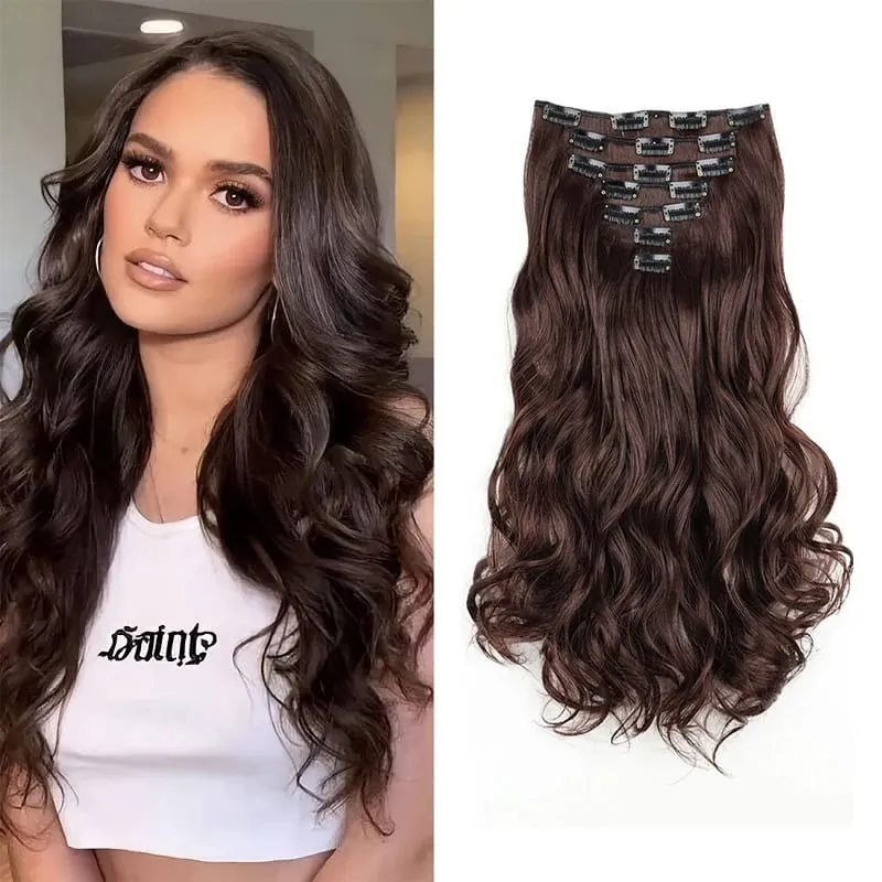 Synthetic 24Inch 7pcs/set Long Curly Clip In Hair Extensions Heat Resistant Fluffy Hairpiece for Women Daily Party Use — image 1
