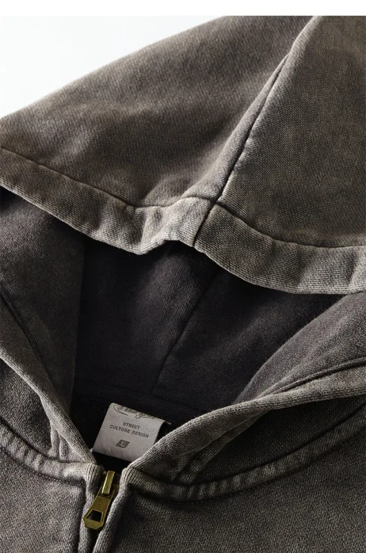 Retro Autumn Batik Washed Zipper Hoodie For Men Unisex Oversized Distressed 420gsm Terry 100% Cotton Hooded Coats HY0936 — image 17