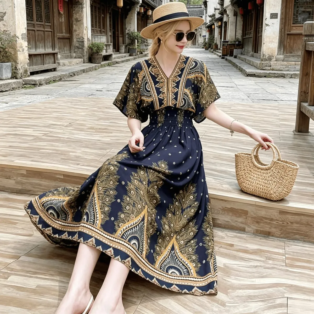 Boho Holiday Women V-Neck Batswing Short Sleeve A-Line Midi Dresses Slim Elastic Waist Casual Vintage Office Lady Elegance Dress — image 1