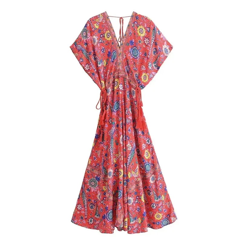 Đời Boho Hoàng Hậu Nữ Con Công In Hoa Tay Cánh Dơi Đi Biển Bohemia Đầm Maxi Nữ Cổ V Tua Rua Mùa Hè vestidos — image 9