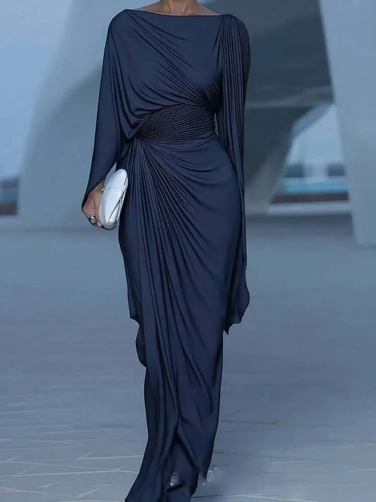 Sexy Slash Collar Pleat Slim Evening Dress Elegant High Waist Solid Color Banquet Dress Lady Leisure Irregular Long Sleeve Dress — image 3