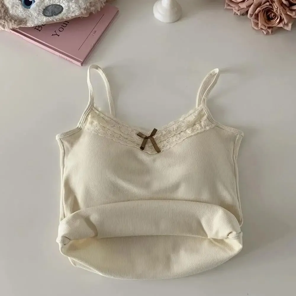 Knit Lace Sling Tops Sweet Bow Short Tank Top Camisole Solid Color Slim Knitted Crop Top Y2K Sexy Sleeveless Clothes Coquette