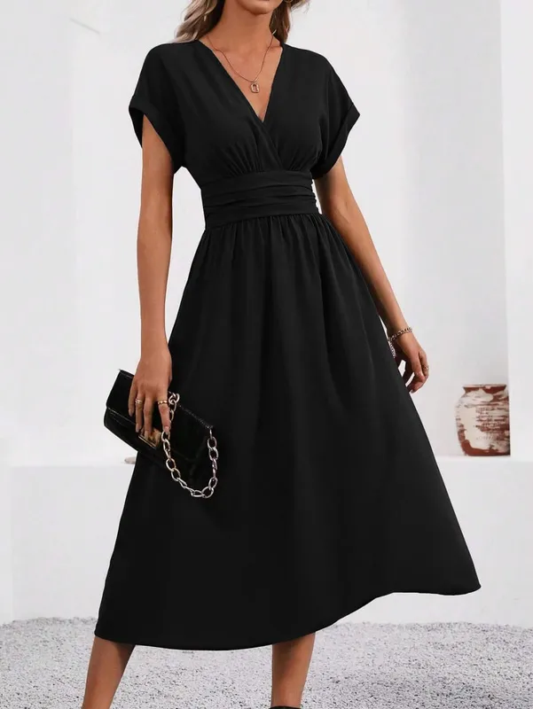 Dresses 2025 Woman Summer Solid-Color V-Neck Batwing-Sleeve Pleated Long Elegant Dress Woman Clothing Tops Skirts Y2k Clothes — image 7