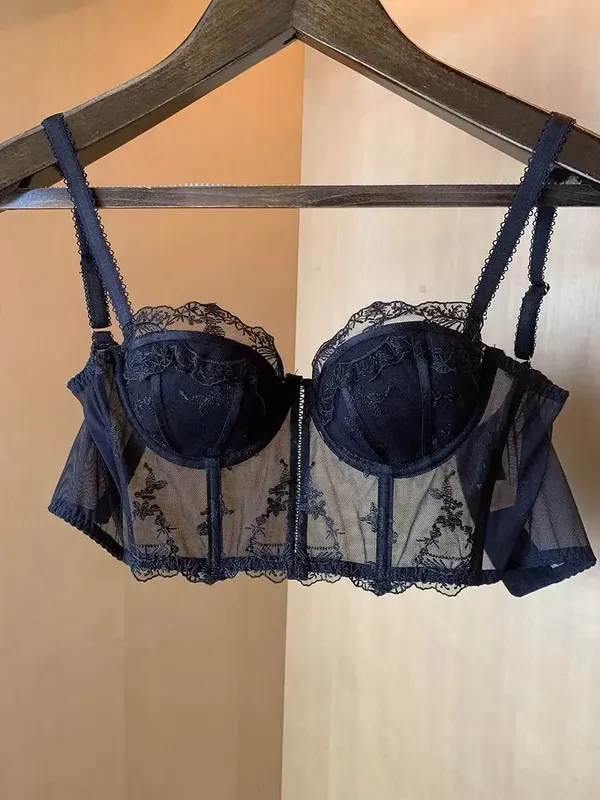 Vintage French Half Cup Embroidery Lace Longline Corset Bra Set Sexy Push‑Up Bust Support Shaping Lingerie 2Pcs Underwear Suit — image 3