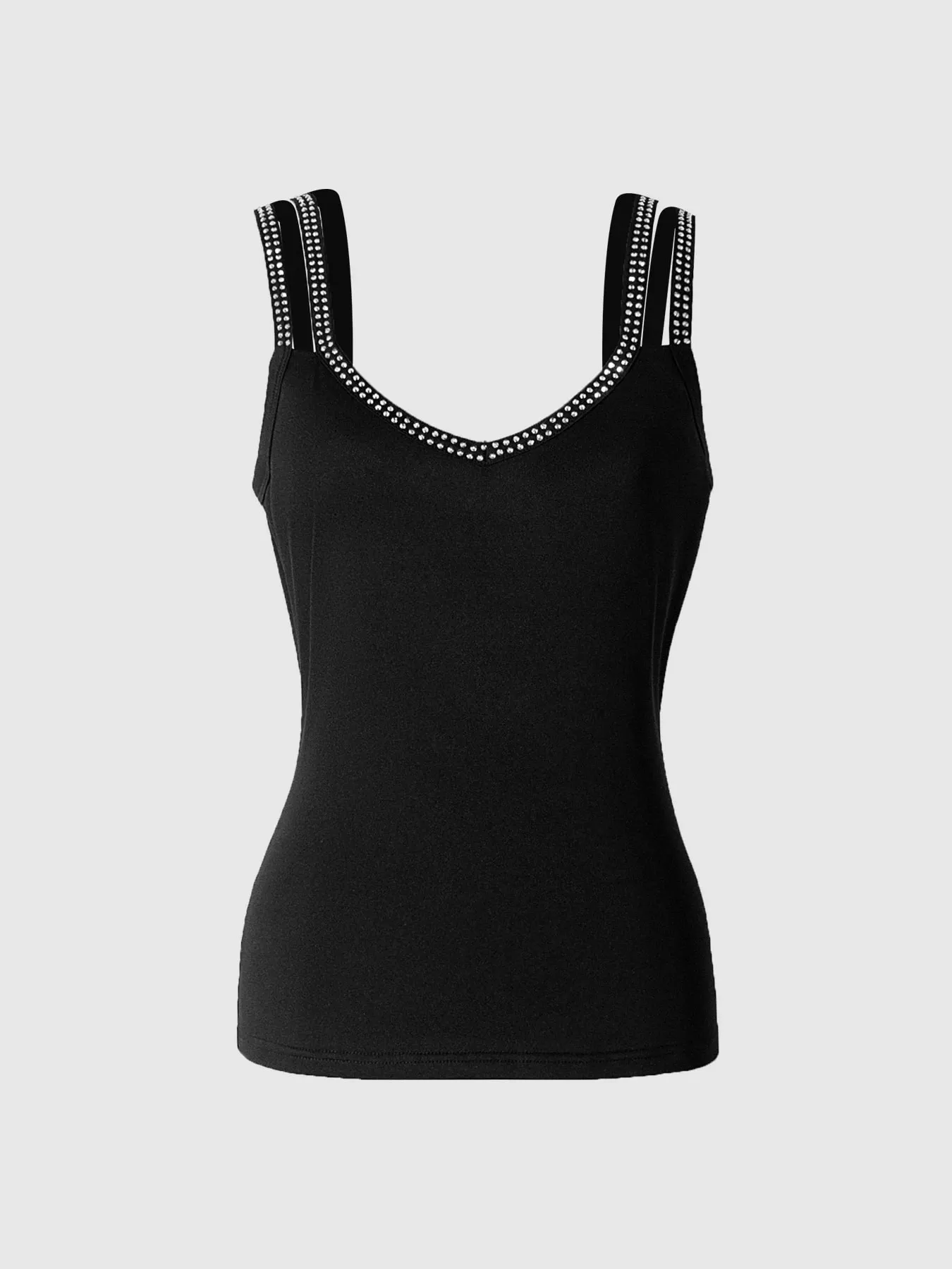 Women Cami Top Black Rhinestone V Neck Double Strap Sleeveless Top Fitted Sexy Tank Tops Spring Summer Party Night Club Outfit