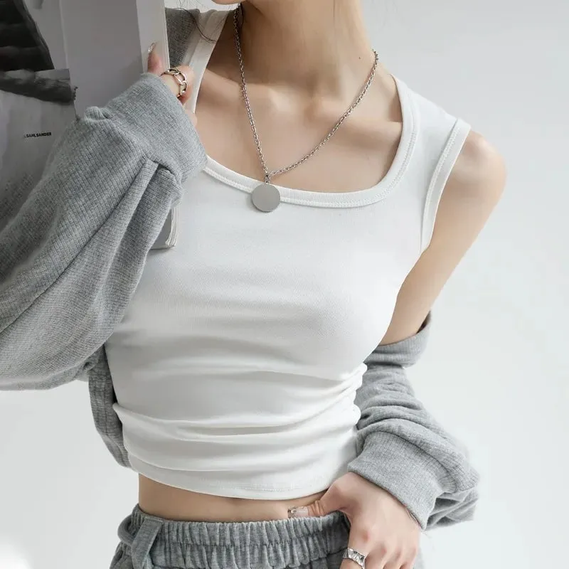 Women's Solid Color Wide Strap U-Neck Sleeveless Tank Top Summer Slim Fit Casual Basic Inner Wear Streetwear Vest — image 4