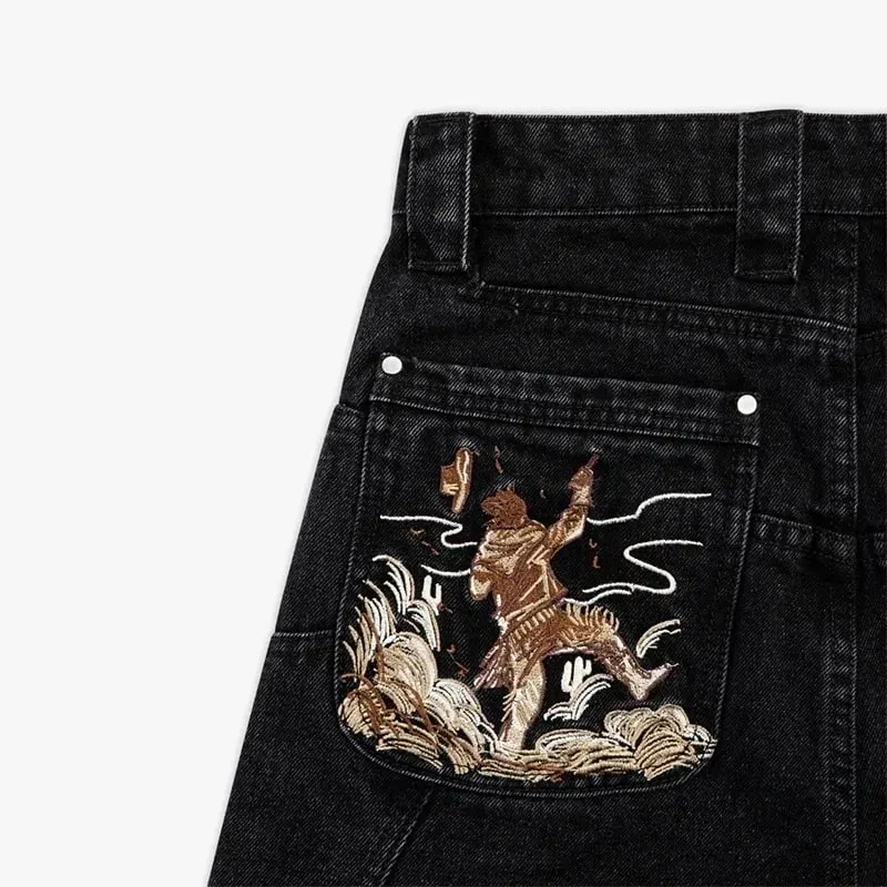 Men Black Baggy Jeans with Warrior Embroidery Pockets Wide Leg Denim Pants Y2K Streetwear Hip Hop Trousers — image 4