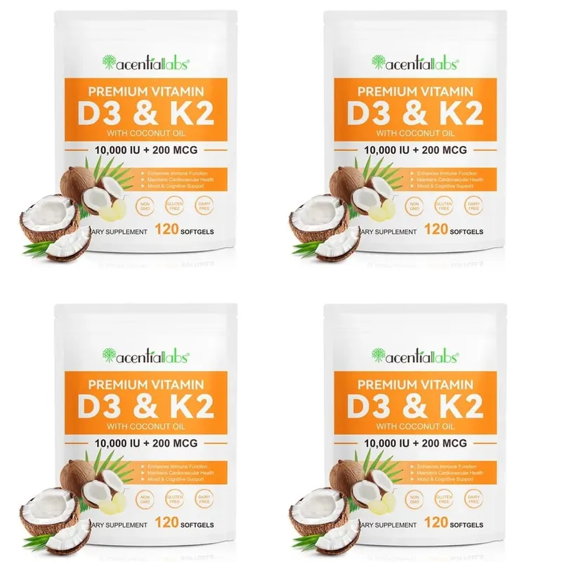 AcentiaLabs Vitamin D3 & K2 Softgels with Coconut Oil Immune Function and Bone Support Gluten Free Non-GMO 120 Softgels