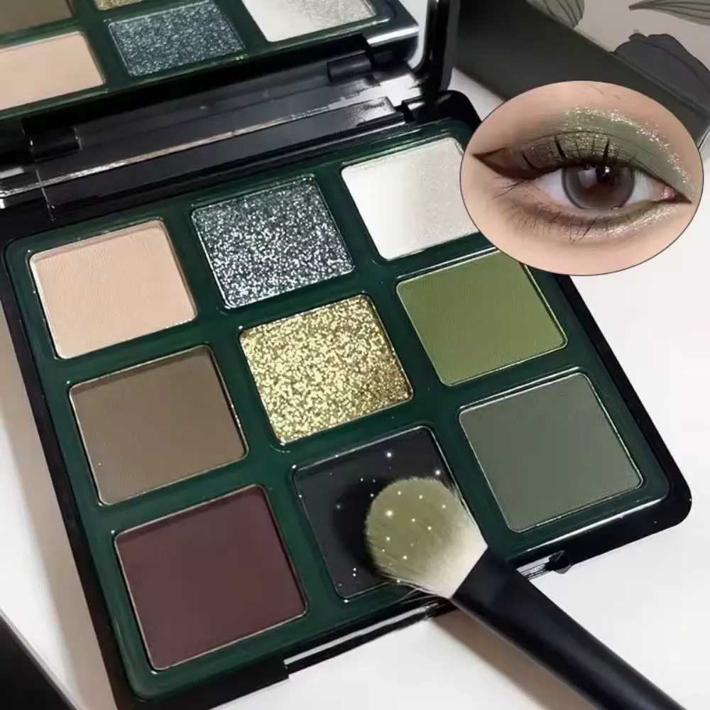 9 Color Eyeshadow Palette Olive Green Eye Look Pearlscent Shimmer Matte Eyeshadow Pink Palette Flash Cosmetics — image 1