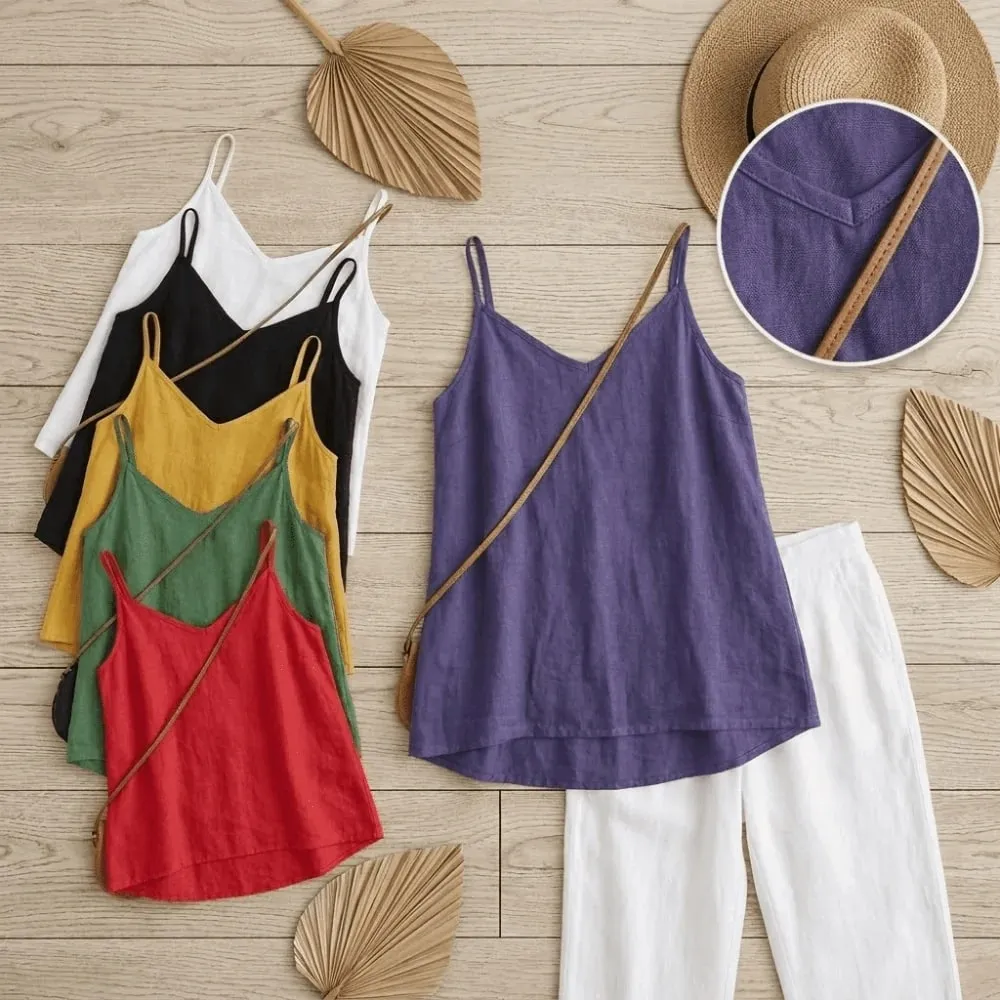 Basic Cotton Linen Spaghetti Strap Top V Neck Sleeveless Sleeveless Tank Top Loose Fit Breathable Camis Top Summer Wear — image 3