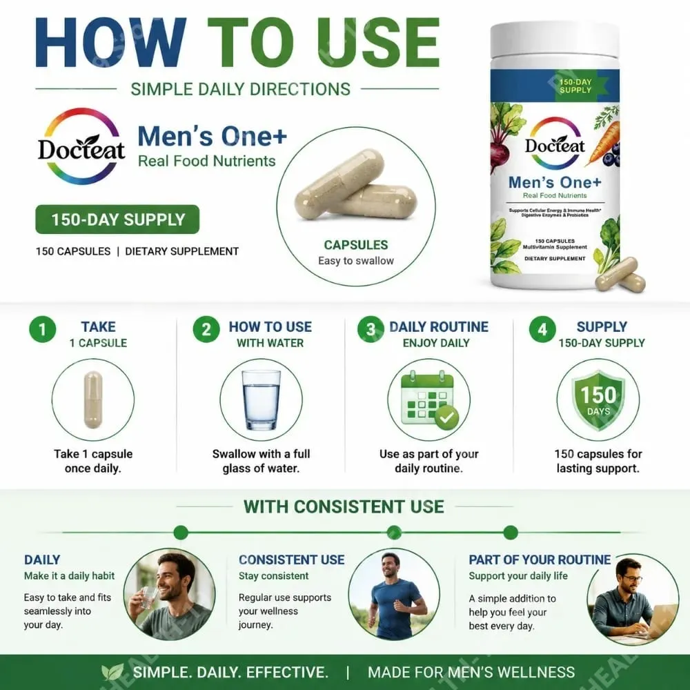 Docteat Men's One+ Real Food Nutrients Capsules with Vitamins & Minerals for Energy Immune & Digestive Support Men 150 Capsules