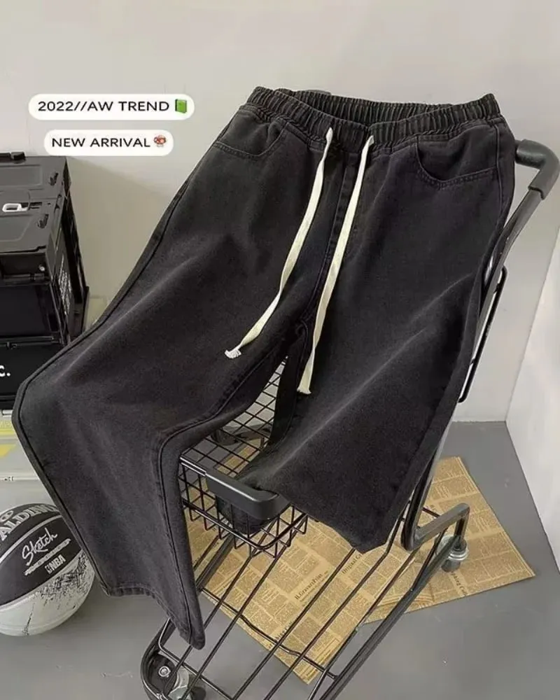 Heren winter losse jeans, elastische taille, wijde pijpen, Y2K denimbroek, rechte pijpen, comfortabel merk herenjeans