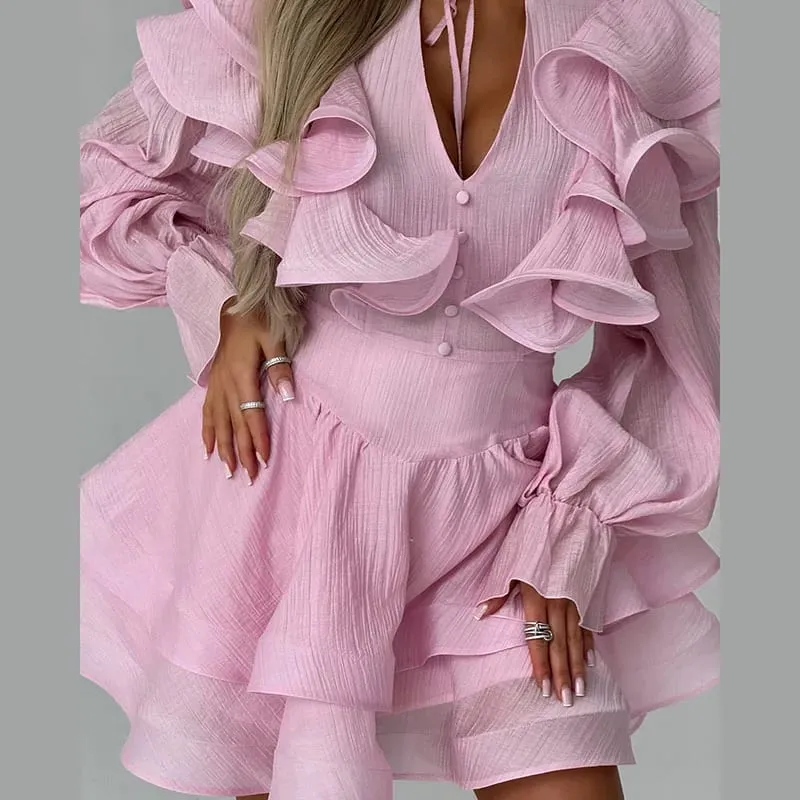 Women Solid Color Ruffle Tiered Mini Dress Long Sleeve V Neck Chiffon Fashion Dresses 2026 Summer Elegant Lady Party Chic Outfit — image 8