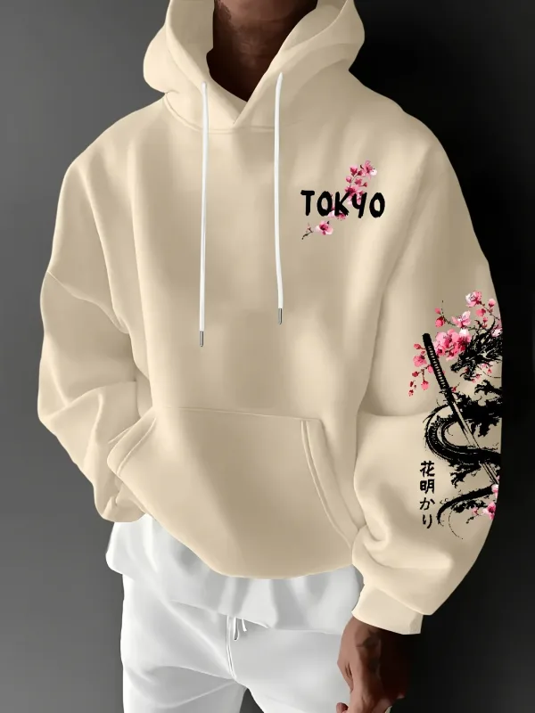 ผู้ชายใหม่ Anime Dragon Cherry Blossom พิมพ์ Hooded Sweatshirt ฤดูหนาวขนแกะสบายๆ Street Comfort แรงบันดาลใจการออกแบบ Hoodie — image 4