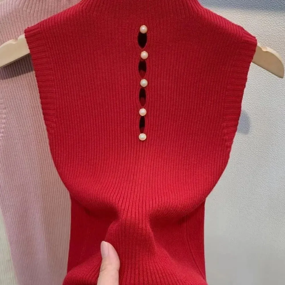 Elegant Solid Color Knitted Vest Sleeveless Slimming Tees T-Shirt Half-turtleneck Tank Top Women — image 12