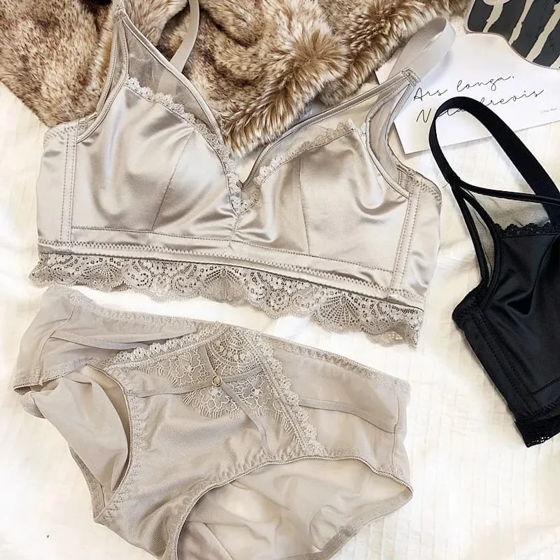 Size Thin Cotton Cup Intimates Lace Women Sexy Push Up Lingerie Sets Wireless Silky Satin Mesh Luxury Lady Underwear — image 7