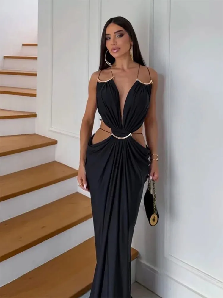 Sexy Backless Party Women's Dress Sleeveless V-neck Slim Maxi Female Vestidos 2026 Fashion Pleated Hollow Out Evening Lady Robe — image 4