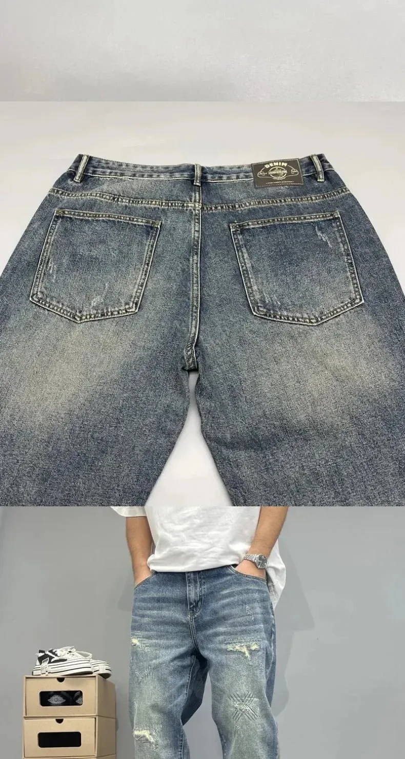 2025Heavy Duty Washed and Scraped Denim Men's Trendy High-end Embroidered Printed Loose Tapered Straight Leg Jeans — image 10