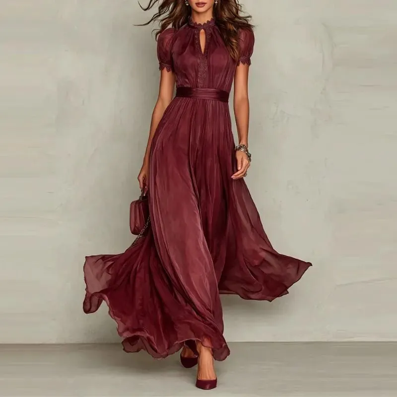 Elegant Chiffon Lace Trim Midi Dress Stand Collar Neck Puff Sleeve Cinched Waist Draped A Line Flowy Women's Casual Dresses — image 4