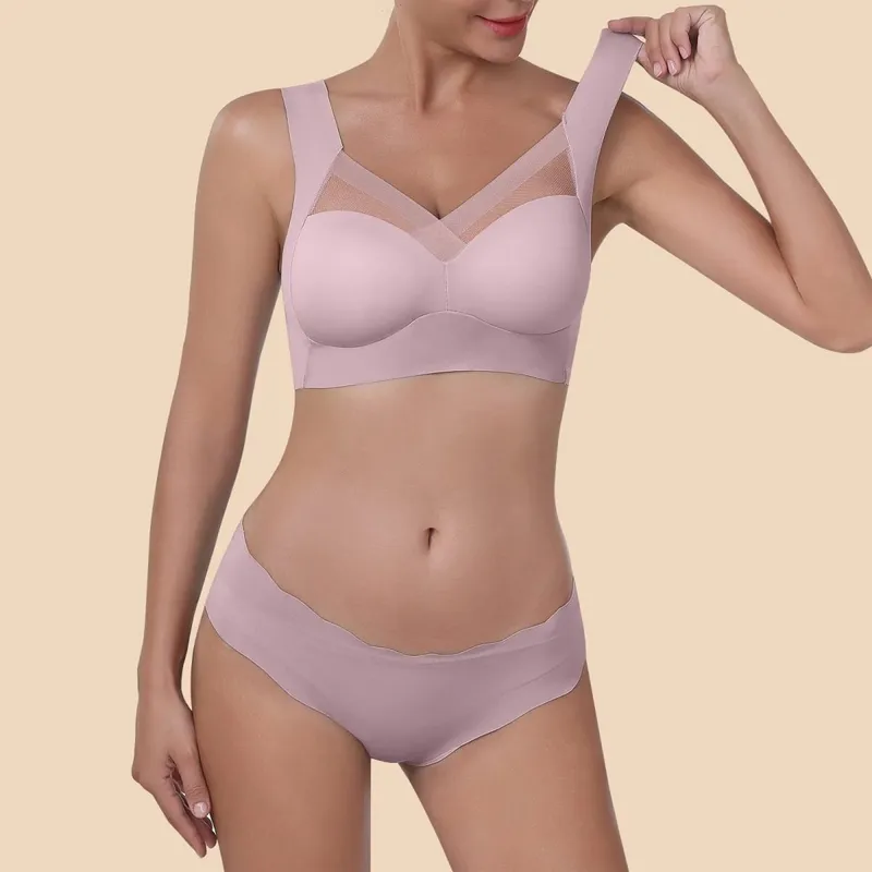 Women Seamless Underwear Set Wireless Ice Silk Thin Back Beauty T Shirt Bra And Smooth Panty Set Solid Color Lingerie Suits — image 5