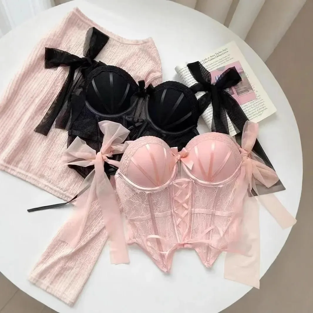 Lace Thin X Sexy Fishbone Bra Set with Small Chest Gathered and Anti Sagging Support Comfortable Soft Steel Ring Bra Set — image 1