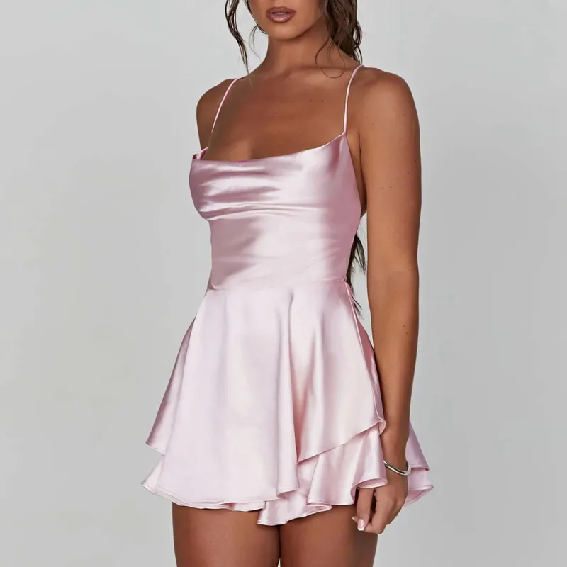 Satin Seide Frauen Sexy Cami Playsuits Kleid Solide Wasserfallausschnitt Ärmellose Kurze Overalls Sommer Kreuz Tie-Up Backless Strampler — image 8