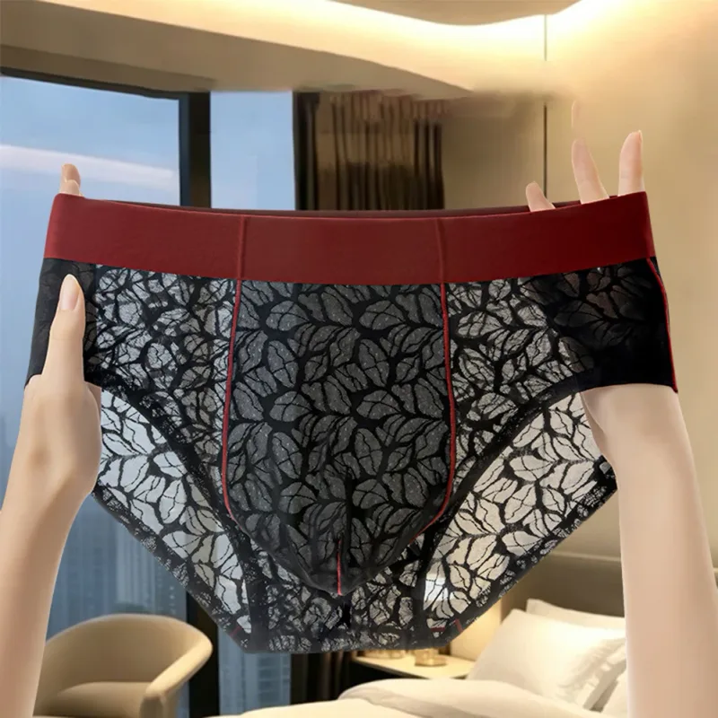 ผู้ชายผ้าไหมน้ำแข็ง Ultra-thin ชุดชั้นในลูกไม้ Jacquard Breathable Pantie 3D Bulge POUCH โปร่งใสตาข่ายชุดชั้นใน — image 7