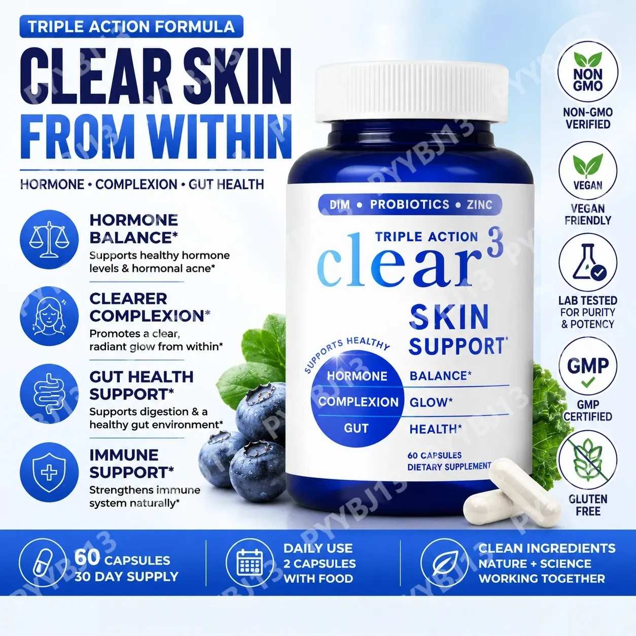 Supplément de soutien cutané Clear³ avec probiotiques DIM et zinc – Soutien nutritionnel pour une peau et un intestin sains 60 gélules — image 1