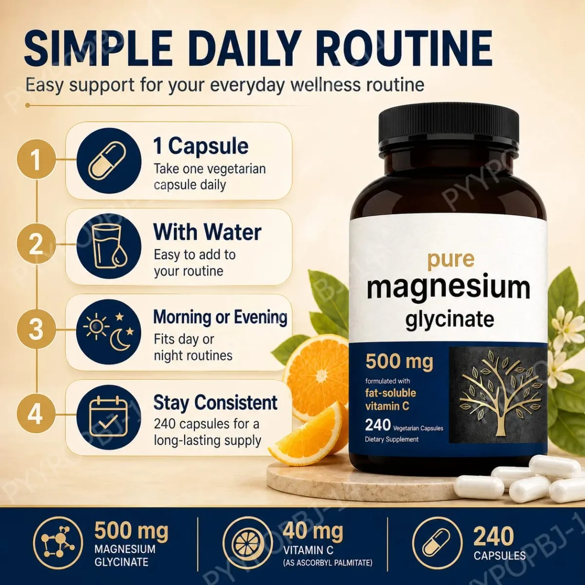 Pure Magnesium Glycinate 500mg Capsules with Vitamin C Supports Relaxation Muscle Nerve Health Bone Support 240 Capsules — image 6