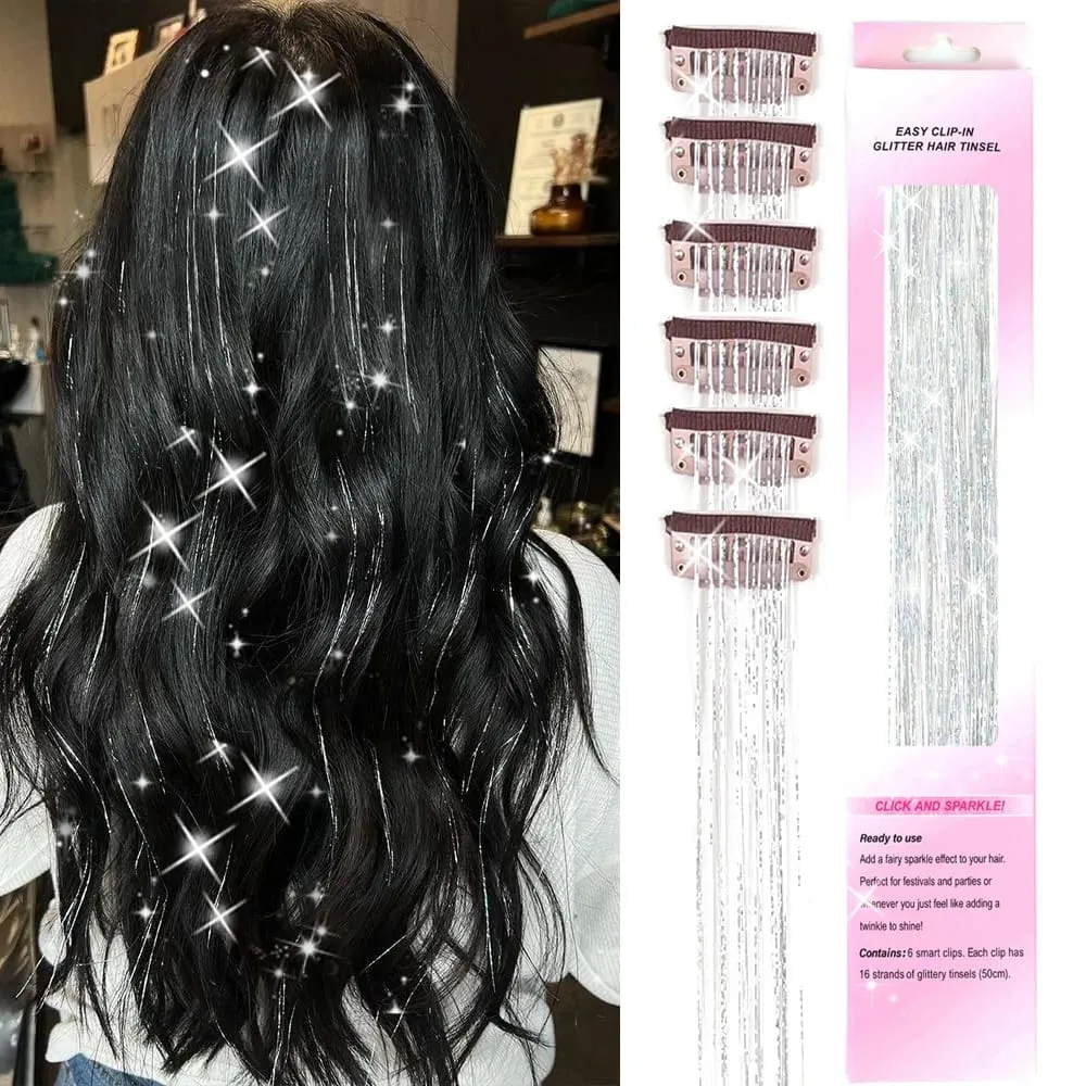 Pek Hiasan Rambut 6 Keping Klip Dalam Hiasan Rambut 20Inci Berkilauan Berwarna-warni Sambungan Rambut Hiasan Hadiah Festival Hiasan Rambut Peri