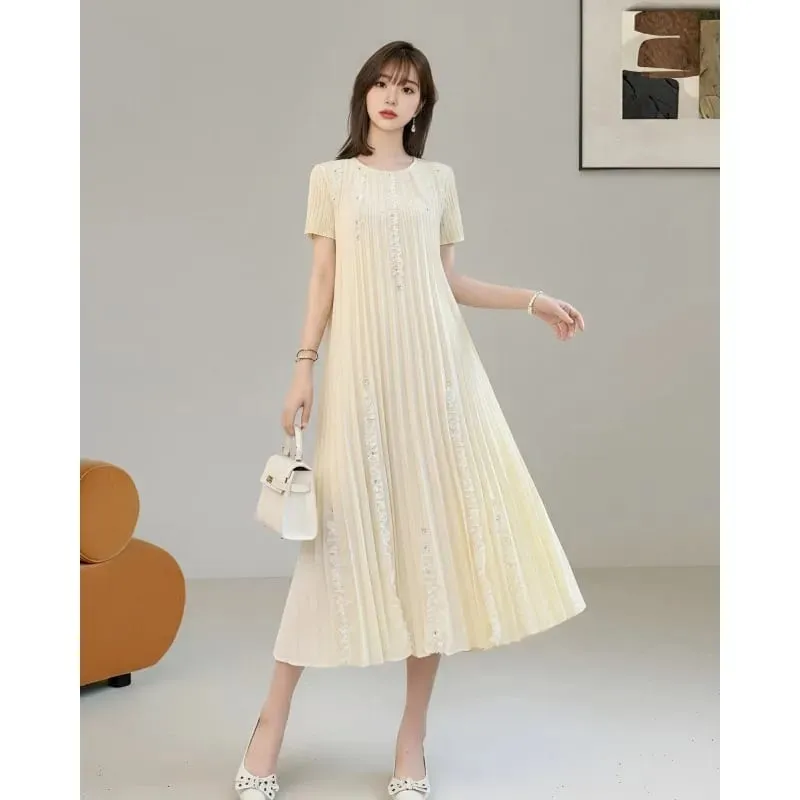 Miyake Pleated Elegant Dresses Women 2026 Summer New Vacation Solid Color Dress Loose Pleats Short Sleeve Plus Size Fold Dress — image 4