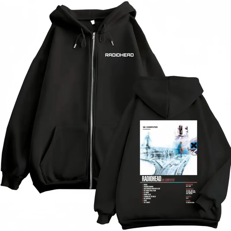 Radiohead Music Album Poster Graphic Zipper Hoodie Men's Women's Fashion Rock Zip Up Pullovers High Quality Fleece Sweatshirts — image 1