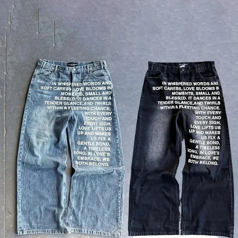 American Retro Men Alphabet Patterned Letter Jeans High Street Clothing Y2K Goth Women Unisex Baggy Casual Wide Leg Mopping Pant