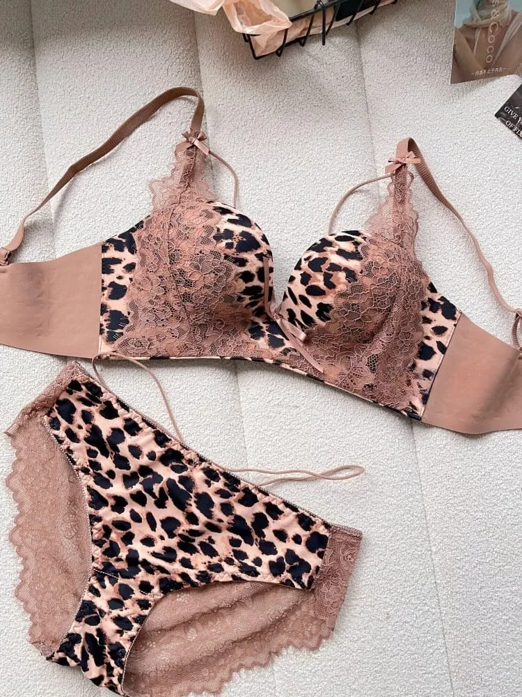 New Sexy Leopard Print Deep V Push Up Bra Lingerie Set for Women Small Bust Push Up Effect Anti Ptosis Daily Wear 32-38 Bra Set — image 7
