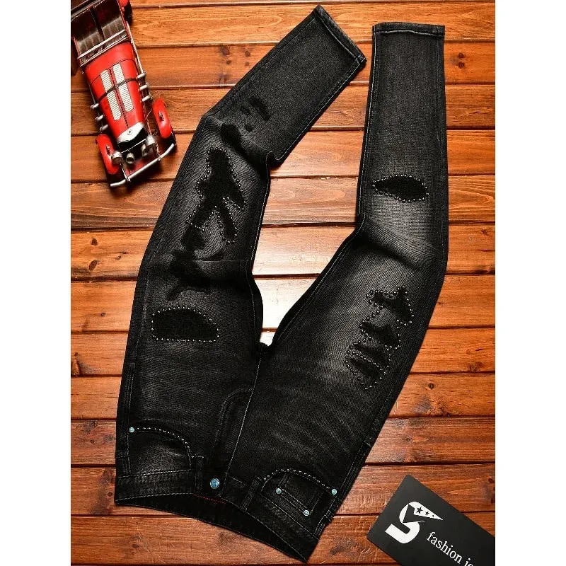 Street Designer Fashion Men Jeans High Quality Retro Black Stretch Slim Fit Hole Ripped Jeans Men Hip Hop Vintage Denim Pants — image 5